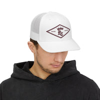 Load image into Gallery viewer, Beardcentric Diamond Crown BC Trucker Hat – Maroon Logo