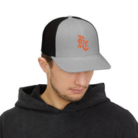 Load image into Gallery viewer, Beardcentric BC Monogram Trucker Hat – Burnt Orange Embroidery
