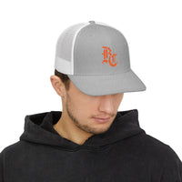 Load image into Gallery viewer, Beardcentric BC Monogram Trucker Hat – Burnt Orange Embroidery