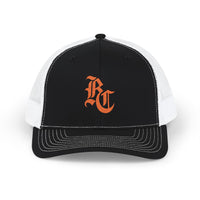 Load image into Gallery viewer, Beardcentric BC Monogram trucker hat with burnt orange embroidery