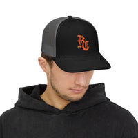 Load image into Gallery viewer, Beardcentric BC Monogram Trucker Hat – Burnt Orange Embroidery
