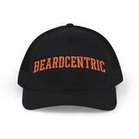 Load image into Gallery viewer, Beardcentric Arched Wordmark Trucker Hat – Burnt Orange Embroidery
