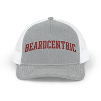 Load image into Gallery viewer, Beardcentric Arched Wordmark trucker hat with maroon embroidery
