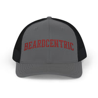 Load image into Gallery viewer, Beardcentric Arched Wordmark Trucker Hat – Maroon Embroidery