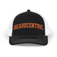 Load image into Gallery viewer, Beardcentric Arched Wordmark trucker hat with burnt orange embroidery