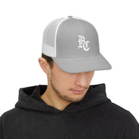 Load image into Gallery viewer, Beardcentric BC Monogram Trucker Hat – White Embroidery