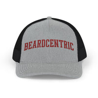 Load image into Gallery viewer, Beardcentric Arched Wordmark Trucker Hat – Maroon Embroidery