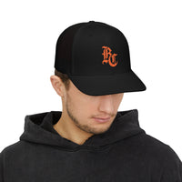 Load image into Gallery viewer, Beardcentric BC Monogram Trucker Hat – Burnt Orange Embroidery