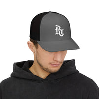 Load image into Gallery viewer, Beardcentric BC Monogram Trucker Hat – White Embroidery