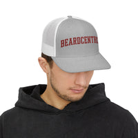 Load image into Gallery viewer, Beardcentric Arched Wordmark Trucker Hat – Maroon Embroidery