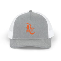 Load image into Gallery viewer, Beardcentric BC Monogram Trucker Hat – Burnt Orange Embroidery