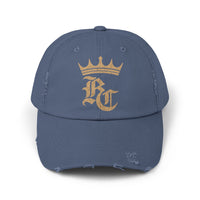 Load image into Gallery viewer, Beardcentric Crown BC distressed dad hat with gold logo