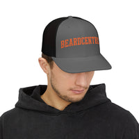 Load image into Gallery viewer, Beardcentric Arched Wordmark Trucker Hat – Burnt Orange Embroidery