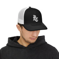 Load image into Gallery viewer, Beardcentric BC Monogram Trucker Hat – White Embroidery