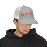 Load image into Gallery viewer, Beardcentric Arched Wordmark Trucker Hat – Burnt Orange Embroidery
