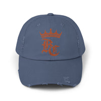 Load image into Gallery viewer, Beardcentric Crown BC distressed dad hat with burnt orange logo