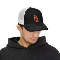 Load image into Gallery viewer, Beardcentric BC Monogram Trucker Hat – Burnt Orange Embroidery